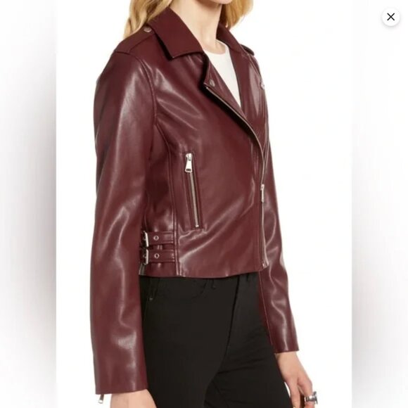 Halogen Faux Leather Moto Jacket, Burgundy, Size S - Picture 3 of 11